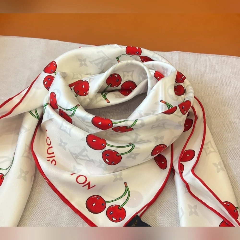 Cherry Print Scarf in White and Red